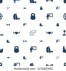 training icons pattern seamless white background. Included editable filled barbell, jump rope, treadmill, heart with muscles, teacher icons. training icons for web and mobile.