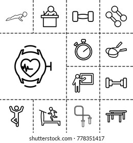 Training icons. set of 13 editable outline training icons such as treadmill, barbell, jump rope, stopwatch, teacher, dumbbell, horizontal bar, man doing exercises