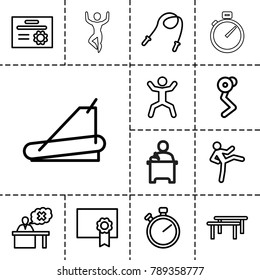Training icons. set of 13 editable outline training icons such as stopwatch, skipping rope, horizontal bar, man doing exercises, treadmill, squat, teacher