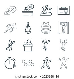 Training icons. set of 16 editable outline training icons such as teacher, man doing exercises, man on treadmill, boxing bag, running, rowing, diploma, stopwatch, dumbbell