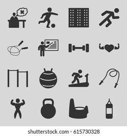 Training icons set. set of 16 training filled icons such as field, baby potty, barbell, jump rope, heart with muscles, running, teacher, bodybuilder, kettle, football player