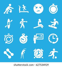 Training icons set. set of 16 training filled icons such as exercising, treadmill, sweating emot, stopwatch, karate, snowboard, football player, basketball player, rowing