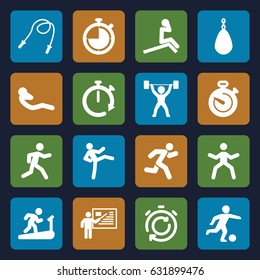 Training icons set. set of 16 training filled icons such as running, abdoninal workout, stopwatch, football player, power lifter, teacher, skipping rope, man doing exercises