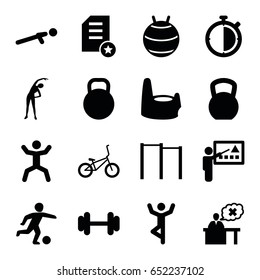 Training icons set. set of 16 training filled icons such as baby potty, exercising, barbell, push up, squat, teacher, kettle, football player, bicycle, stopwatch, diploma