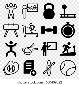 Training icons set. set of 16 training filled and outline icons such as squat, barbell, stopwatch, diploma, treadmill, jump rope, bodybuilder, rowing, baseball glove