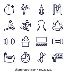 training icons set. Set of 16 training outline icons such as baby potty, barbell, bar   tightening, meeting, teacher, stopwatch, snowboard, rowing, man doing exercises