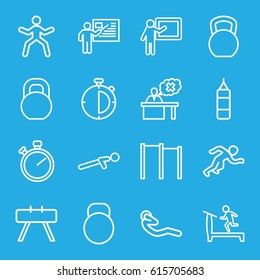 Training icons set. set of 16 training outline icons such as treadmill, push up, abdoninal workout, barbell, teacher, stopwatch, kettle, running, kettle bell, horizontal bar