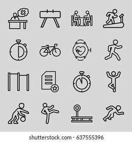 Training icons set. set of 16 training outline icons such as running, bicycle, teacher, heartbeat watch, meeting, stopwatch, basketball player, diploma, horizontal bar