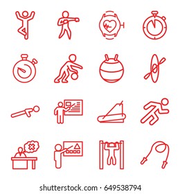 Training icons set. set of 16 training outline icons such as treadmill, push up, bar   tightening, running, teacher, heartbeat watch, stopwatch, karate, basketball player