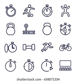 Training icons set. set of 16 training outline icons such as squat, bicycle, stopwatch, barbell, kettle, running, football player, kettle bell, fintess equipment