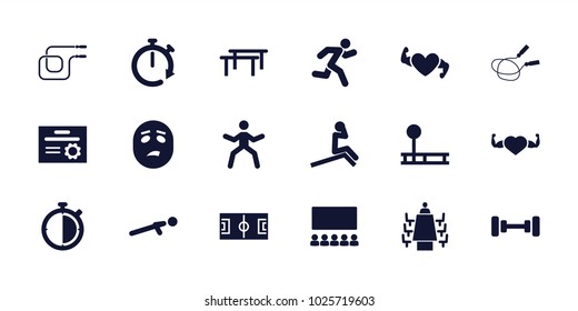 Training icons. set of 18 editable filled training icons: barbell, jump rope, fintess equipment, horizontal bar, man doing exercises, football pitch, heart with muscles