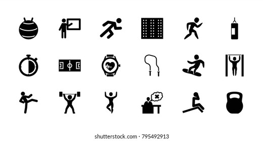 Training icons. set of 18 editable filled training icons: field, teacher, fit ball, man doing exercises, football pitch, running, heartbeat watch, snowboard, power lifter