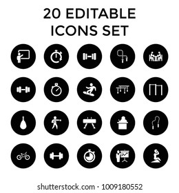 Training icons. set of 20 editable filled training icons such as teacher, horizontal bar, boxing bag, barbell, meeting, karate. best quality training elements in trendy style.