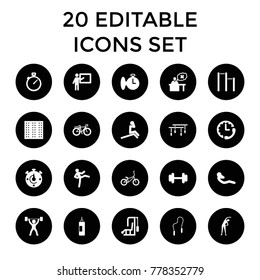 Training icons. set of 20 editable filled training icons such as field, exercising, teacher, man doing exercises. best quality training elements in trendy style.