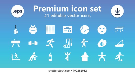 Training icons. set of 21 editable filled training icons includes field, treadmill, teacher, sweating emot, boxing bag, fit ball, man doing exercises, gym equipment, running