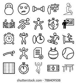 Training icons. set of 25 editable outline training icons such as teacher, field, treadmill, barbell, sweating emot, fit ball, man doing exercises, football pitch, squat