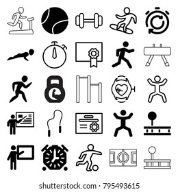 Training icons. set of 25 editable filled and outline training icons such as teacher, running, squat, skipping rope, tennis ball, stopwatch, barbell, heartbeat watch