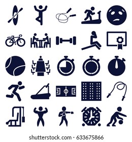 Training icons set. set of 25 training filled icons such as field, barbell, jump rope, sweating emot, treadmill, bicycle, meeting, running, karate, bodybuilder