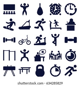 Training icons set. set of 25 training filled icons such as treadmill, barbell, squat, running, teacher, meeting, snowboard, bodybuilder, bicycle, stopwatch, classroom