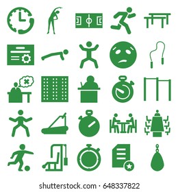 Training icons set. set of 25 training filled icons such as field, exercising, sweating emot, treadmill, squat, teacher, meeting, stopwatch, running, skipping rope