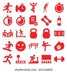 Training icons set. set of 25 training filled icons such as exercising, treadmill, sweating emot, barbell, meeting, running, snowboard, football player, baseball glove