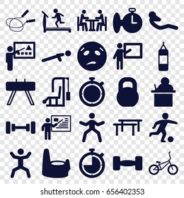 Training icons set. set of 25 training filled icons such as baby potty, treadmill, barbell, jump rope, sweating emot, push up, squat, abdoninal workout, meeting