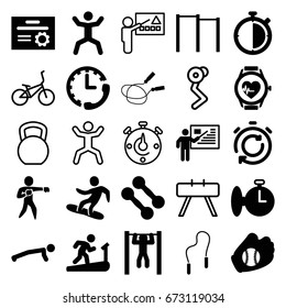 Training icons set. set of 25 training filled and outline icons such as jump rope, bar   tightening, squat, heartbeat watch, karate, snowboard, skipping rope, baseball glove