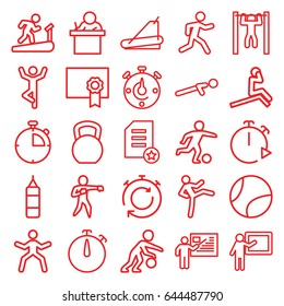Training icons set. set of 25 training outline icons such as treadmill, push up, running, bar   tightening, diploma, teacher, stopwatch, karate, football player