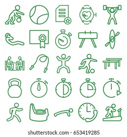 Training icons set. set of 25 training outline icons such as baby potty, running, squat, abdoninal workout, heartbeat watch, meeting, stopwatch, diploma, football player
