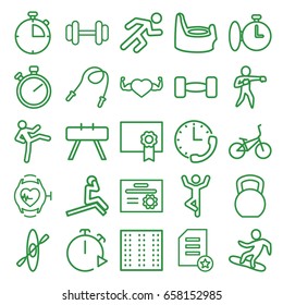 Training icons set. set of 25 training outline icons such as field, baby potty, barbell, heart with muscles, running, heartbeat watch, diploma, stopwatch, karate, snowboard