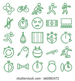 Training icons set. set of 25 training outline icons such as field, barbell, push up, running, bicycle, stopwatch, karate, kettle, football player, basketball player, rowing