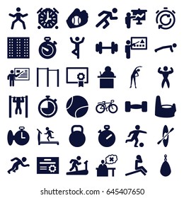 Training icons set. set of 36 training filled icons such as field, baby potty, exercising, treadmill, barbell, bar   tightening, bicycle, running, teacher, stopwatch