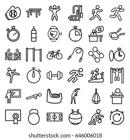 Training icons set. set of 36 training outline icons such as baby potty, exercising, jump rope, barbell, push up, running, bar   tightening, bicycle, teacher, heartbeat watch