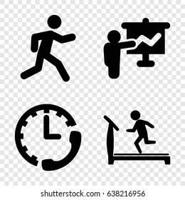 Training icons set. set of 4 training filled icons such as treadmill, running, stopwatch