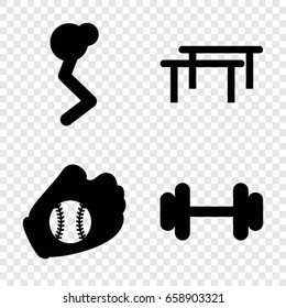 Training icons set. set of 4 training filled icons such as barbell, baseball glove, horizontal bar