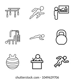 Training icons. set of 9 editable outline training icons such as teacher, barbell, running, fit ball, horizontal bar, gym equipment