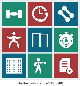Training icons set. set of 9 training filled icons such as field, karate, barbell, stopwatch, diploma, dumbbell, horizontal bar