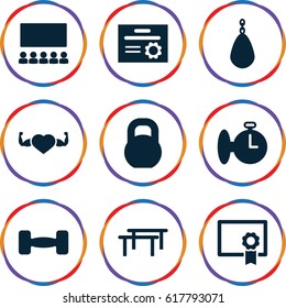 Training icons set. set of 9 training filled icons such as heart with muscles, barbell, diploma, stopwatch, classroom, horizontal bar