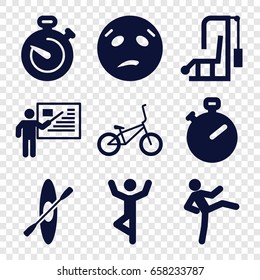 Training icons set. set of 9 training filled icons such as sweating emot, stopwatch, bicycle, rowing, teacher, man doing exercises