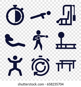 Training icons set. set of 9 training filled icons such as push up, squat, abdoninal workout, karate, stopwatch, fintess equipment, horizontal bar