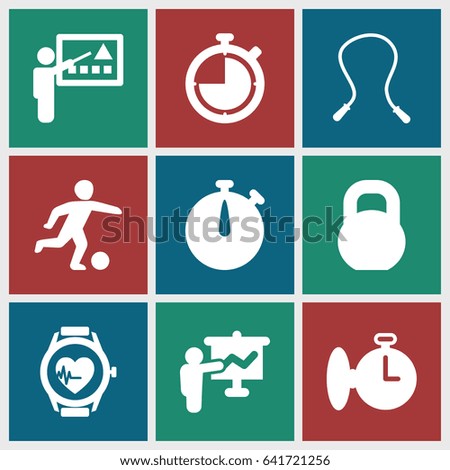 Training icons set. set of 9 training filled icons such as barbell, heartbeat watch, football player, stopwatch, teacher