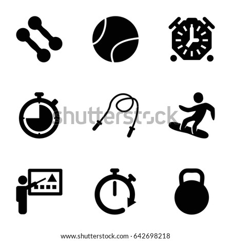 Training icons set. set of 9 training filled icons such as snowboard, kettle, tennis ball, stopwatch, teacher, dumbbell