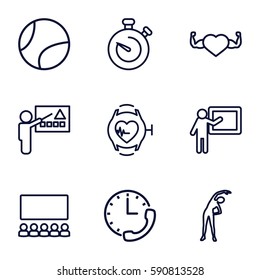 training icons set. Set of 9 training outline icons such as exercising, heart with muscles, heartbeat watch, stopwatch, tennis ball, teacher