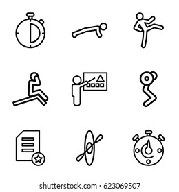 Training icons set. set of 9 training outline icons such as stopwatch, rowing, diploma, man doing exercises