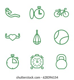 Training icons set. set of 9 training outline icons such as heart with muscles, abdoninal workout, bicycle, barbell, stopwatch, tennis ball