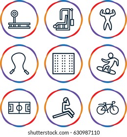 Training icons set. set of 9 training outline icons such as field, bicycle, snowboard, bodybuilder, fintess equipment, man doing exercises, football pitch, gym equipment