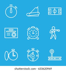 Training icons set. set of 9 training outline icons such as treadmill, stopwatch, karate, diploma, fintess equipment
