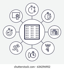 Training icons set. set of 9 training outline icons such as field, stopwatch, running, diploma