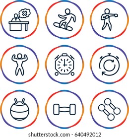Training icons set. set of 9 training outline icons such as teacher, stopwatch, karate, snowboard, bodybuilder, barbell, dumbbell