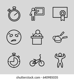 Training icons set. set of 9 training outline icons such as jump rope, diploma, stopwatch, bodybuilder, bicycle, sweating emot